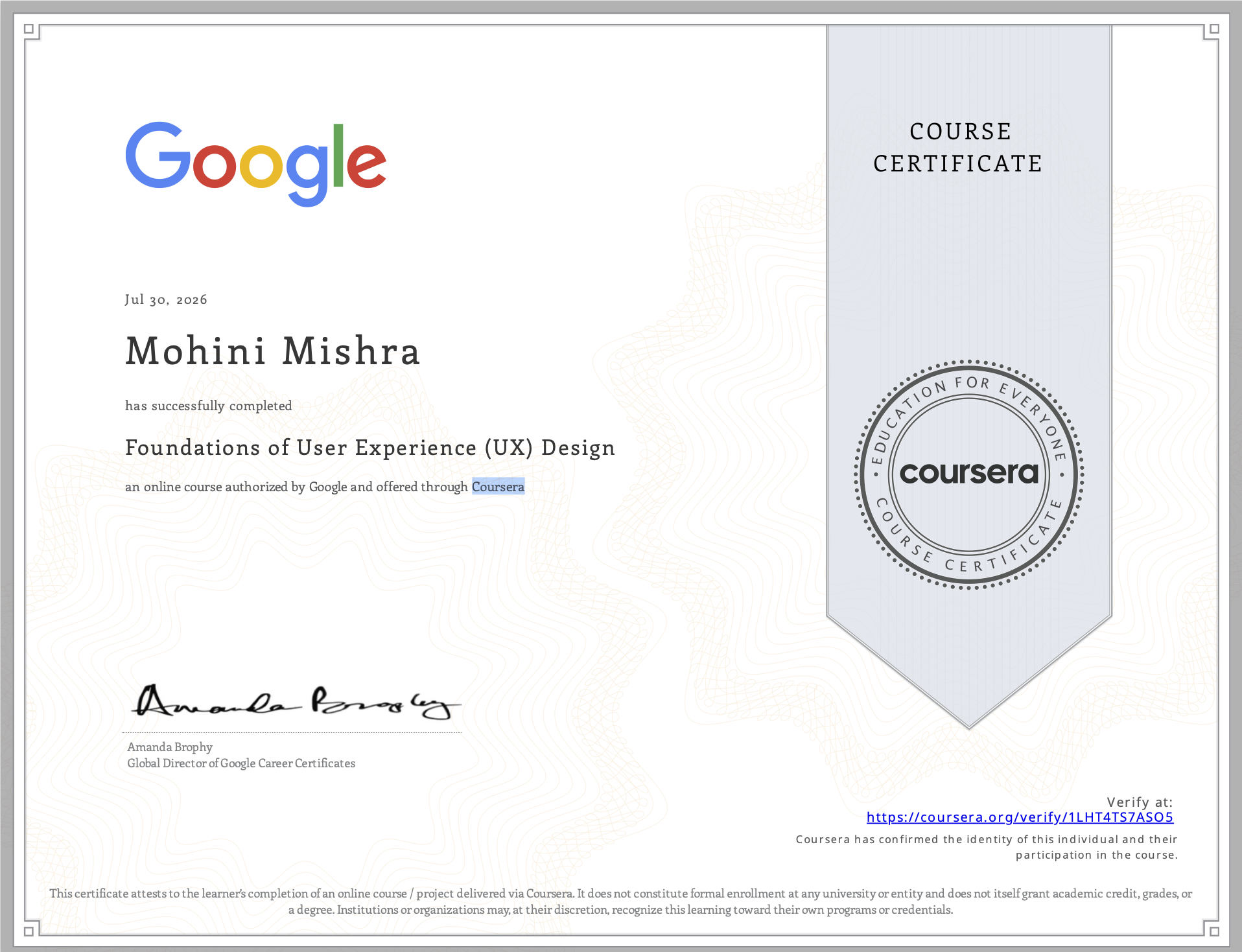 Foundations of User Experience (UX) Design certificate issued by Google · Coursera